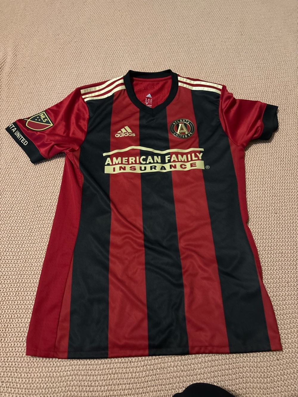 adidas Red and Black Atlanta United Home Soccer Jersey. Number 10 Almiron.